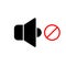 No sound or music icon. Isolated mute and warning illustration. Keep silence with forbidden and prohibited red sign