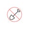 No spade forbidden sign and icon. Isolated vector illustration in line style. Simple slanted symbol with crossed out shovel.