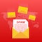 No spam. Spam Email Warning. Concept of virus, piracy, hacking and security. Envelope with spam. Vector illustration.