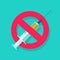 No or stop drugs vector sign, flat cartoon medical syringe with prohibition or forbidden sign, stop narcotic symbol
