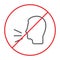 No talking thin line icon, prohibited and warning, do not speak sign, vector graphics, a linear pattern on a white