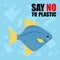 No to plastic. Stop ocean plastic pollution. Cute sad fish. Recycling plastic. Ecological problem and catastrophe. Say no to