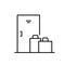 No touch delivery. Line art icon of front door and shopping bag. Black illustration of online buying food, things with courier