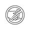 No touch emblem. Contactless delivery icon. Linear symbol of handshake ban. Contour isolated vector illustration on white