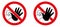 No unauthorized access sign. Screaming man with black hand stopping in red crossed circle. Version with palm in front and back