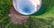 NO VR. Curvature of space of little planet transformation. Abstract torsion and spinning of full flyby panorama landscape on grave