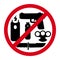 No weapons sign on red round with symbols of knife, gun, electric shocker and gas spray. Please do not enter with any weapon