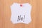 NO! - White Sticky Notes with Written Word NO, Pinned to the Wooden Message Board