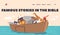 Noah Character Waits out Flood on Ark. Domestic and Wild Animals on Large Wooden Ship. Cartoon Vector Illustration