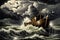 Noah\\\'s Ark Amidst the Great Flood, Animals Pairing onto the Wooden Vessel under Tumultuous Storm Clouds