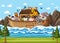 Noah`s ark floating with many animals in the ocean scene