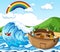 Noah`s Ark with wild animals in nature scene