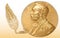 Nobel Literature award, gold polygonal medal and pencil symbol