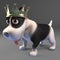 Noble black and white puppy dog wearing a royal gold crown, 3d illustration