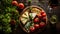 Noble cheese with white mold camembert, parmesan, cherry tomatoes on a wooden background, top view. A delicious cheese