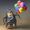 Noble Japanese penguin samurai warrior with katana and party balloons, 3d illustration