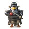 Noble Japanese samurai penguin warrior about to chop his apple with mighty katana sword, 3d illustration