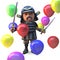 Noble Japanese samurai warrior stands amid many coloured balloons, 3d illustration