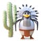 Noble native American Indian chief penguin stands peacefully by a cactus, 3d illustration