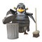 Noble penguin samurai warrior in armour cleans up with a broom and rubbish bin, 3d illustration