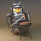 Noble penguin samurai warrior character in 3d cooking sausages on a barbecue bbq, 3d illustration