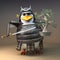 Noble penguin warrior samurai character in 3d holding a bonsai tree and katana sword, 3d illustration