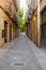 Nobody on a famous old town cobble stone narrow straight street in Girona
