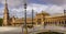 Nobody walking near fountain at the Spain Square Plaza de Espana in Seville city, Andalusia, Spain. Example of Moorish and