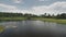 Nobodyy tropic nature landscape with lake aerial. Serene water with vessels at green tropical valley