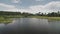 Nobodyy tropic nature landscape with lake aerial. Serene water with vessels at green tropical valley