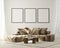 Nock up poster in modern interior background, living room, minimalistic style 3D render