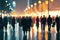 a nocturnal cityscape, with people strolling along the streets illuminated by vibrant and colorful lights