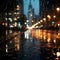 Nocturnal cityscape through rain speckled glass, background softened by blur