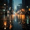 Nocturnal cityscape through rain speckled glass, background softened by blur