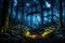 nocturnal mystical forest landscape with bioluminescent flora, illuminated trails, and fireflies