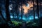 nocturnal mystical forest landscape with bioluminescent flora, illuminated trails, and fireflies