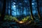 nocturnal mystical forest landscape with bioluminescent flora, illuminated trails, and fireflies