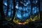 nocturnal mystical forest landscape with bioluminescent flora, illuminated trails, and fireflies