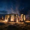 Nocturnal Mystique: Stonehenge\\\'s Enigmatic Night with Central Fire Glow