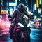 Nocturnal Ride. Motorcycle Rider Through City Streets at Night