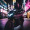 Nocturnal Ride. Motorcycle Rider Through City Streets at Night