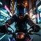 Nocturnal Ride. Motorcycle Rider Through City Streets at Night