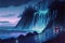 A nocturnal scene depicts a waterway encircled by ominous dark clouds and a waterfall cascading from the heavens. Fantasy concept