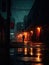 Nocturnal Solitude: Rainy Alleyway with a Lone Figure. Generative Ai