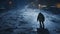 Nocturnal Stroll: Lone Man Walking on a Glistening Icy Street