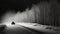 Nocturne Snowcat Road: A Noir-inspired Black And White Winter Landscape