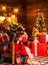 Noel. Girl enjoy cozy atmosphere christmas eve. Pleasant moments. Woman wooden interior christmas decorations garland