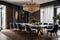 Noir black stylish dining room with a modern dining table, elegant dining chairs, and a statement chandelier