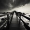 Noir coastal scene, Fishing jetty depicted in evocative black and white tones