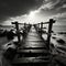Noir coastal scene, Fishing jetty depicted in evocative black and white tones